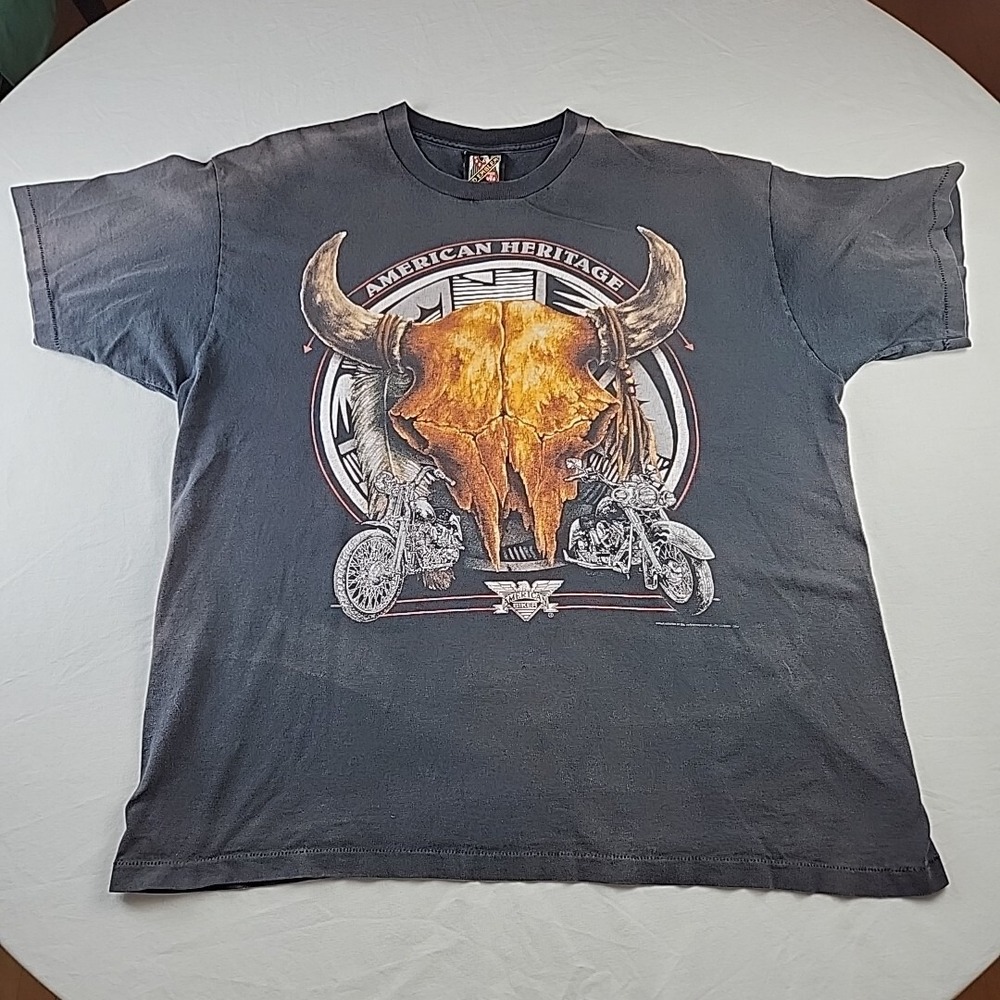 VTG 3D Emblem Bison Skull Graphic Shirt Black XL Single Stitch 90s Made in USA